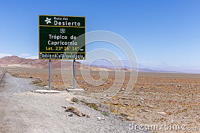 Tropic of Capricorn crossing sign, Route 23, Chile Editorial Stock Photo